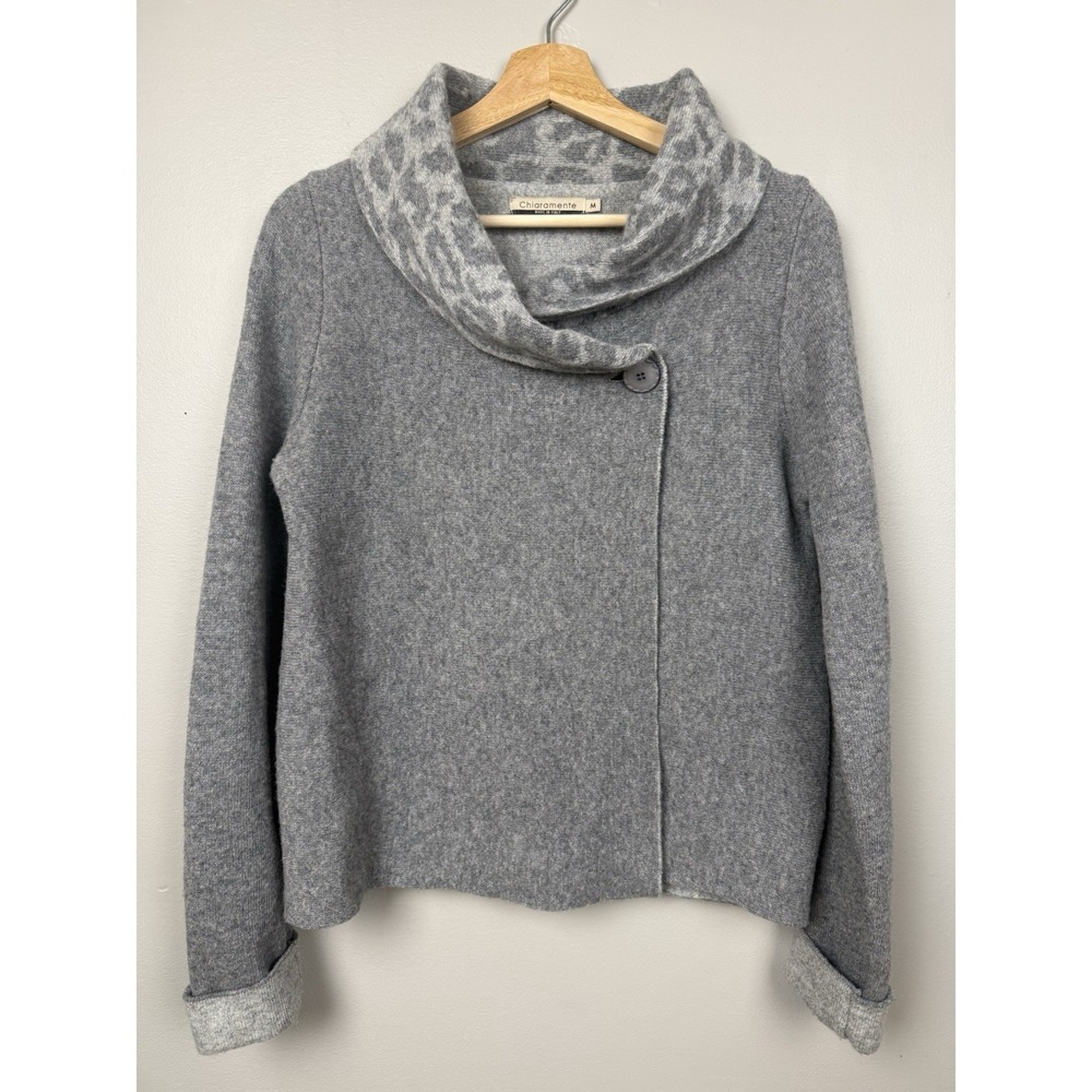 Chiaramente‎ Italy Gray Cardigan Sweater Wool Blend Animal Print Minimalist Luxe